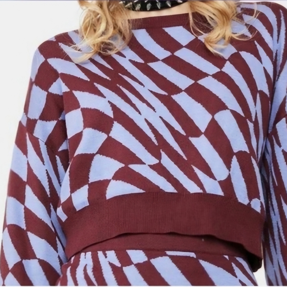 Current Mood Retro Print Periwinkle And Maroon Print Crew Cropped Sweater